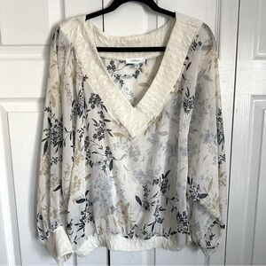 Cerule Womens V Neck Top Floral Crochet Shabby Chic Cottagecore Semi Sheer Sz L